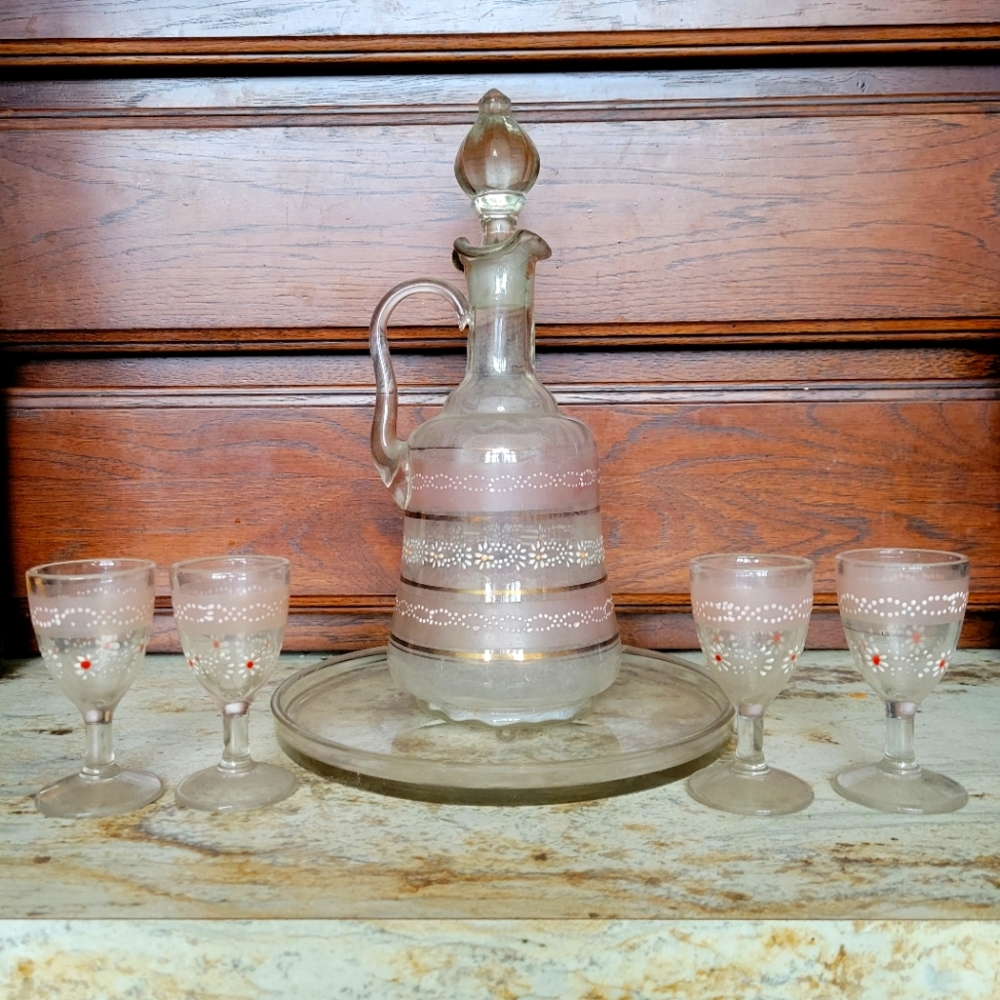 Vintage Decanter Set Glass Painted Bottle W/ Stopper 4 Stemmed Shot Glasses 70s
